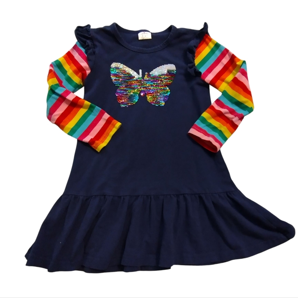 💚 2/$10 Blue Long Sleeve Rainbow Striped Butterfly Sequin Dress Ruffles 3-4